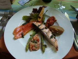 Trio of Salmon with tomato chutney and spiced eggplant puree.  Logis de la Cadene in Saint-Emilion